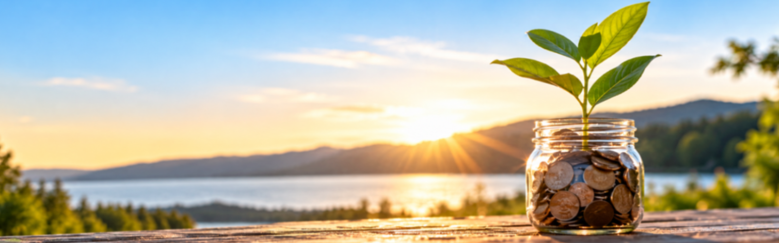 Jar of coins with a plant growing out of it. In the background is the sun setting on a lake.
